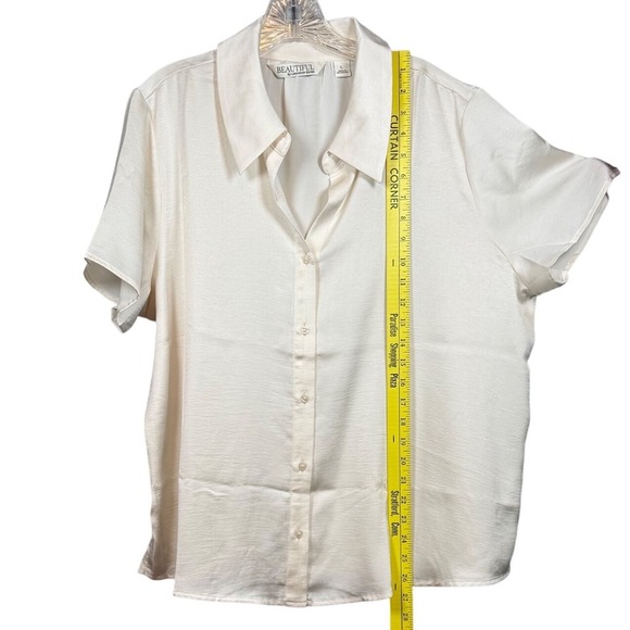 BEAUTIFUL by Lawrence Zarlan Short Sleeve Button Down, Silky Shirt, Off White, L - Picture 5 of 8